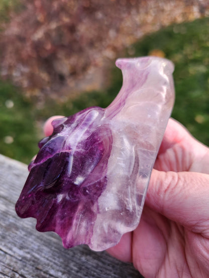 Natural Purple and White Fluorite Crystal Carved Dragon Head, DnD