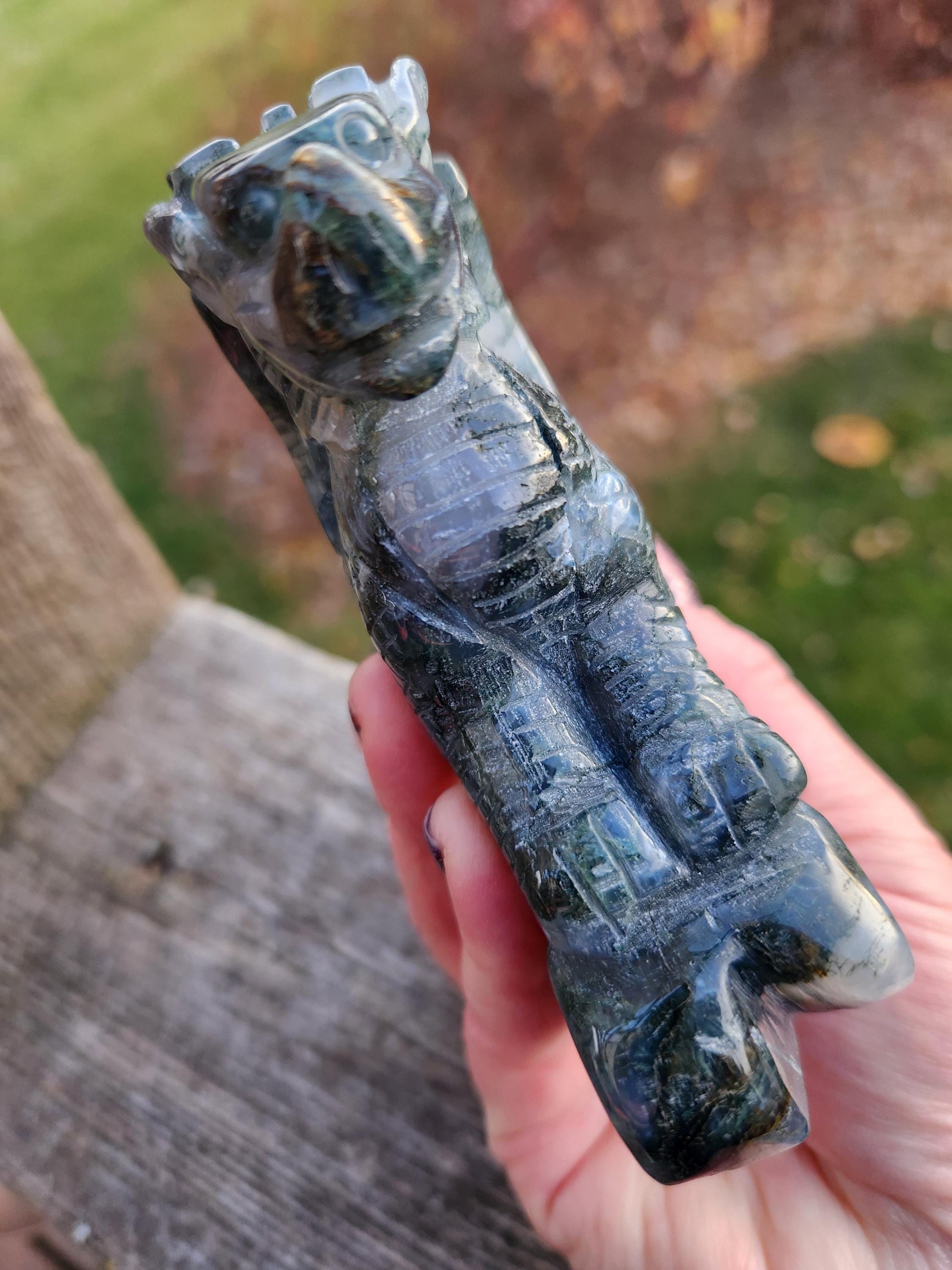 AAA Natural Moss Agate Crystal Carved Full Body Dragon, DND