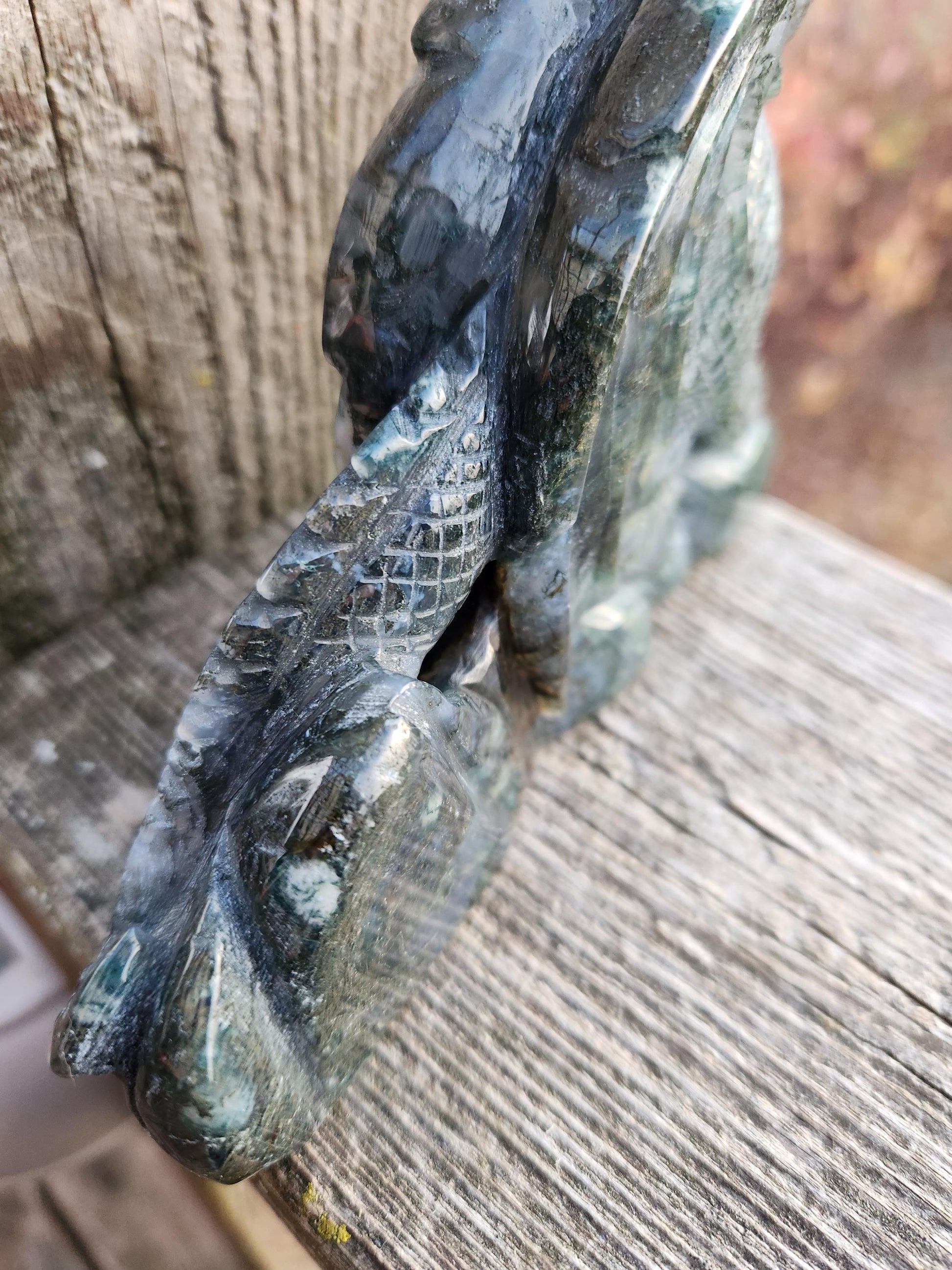 AAA Natural Moss Agate Crystal Carved Full Body Dragon, DND