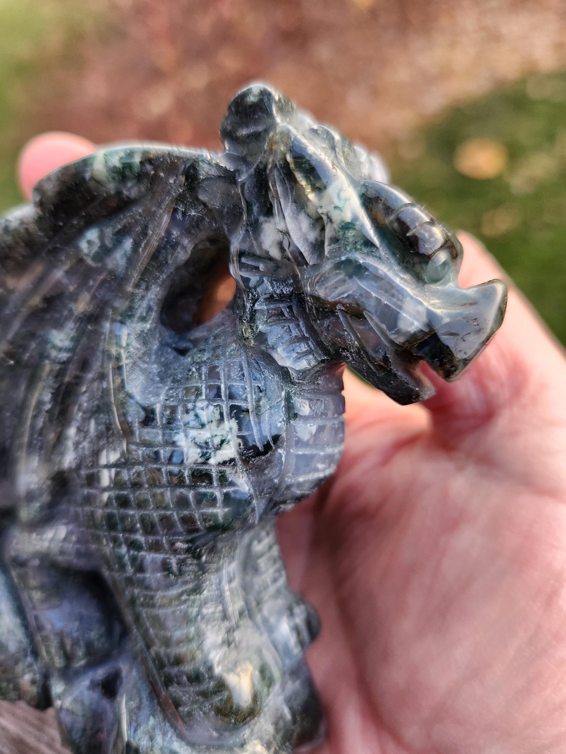 AAA Natural Moss Agate Crystal Carved Full Body Dragon, DND