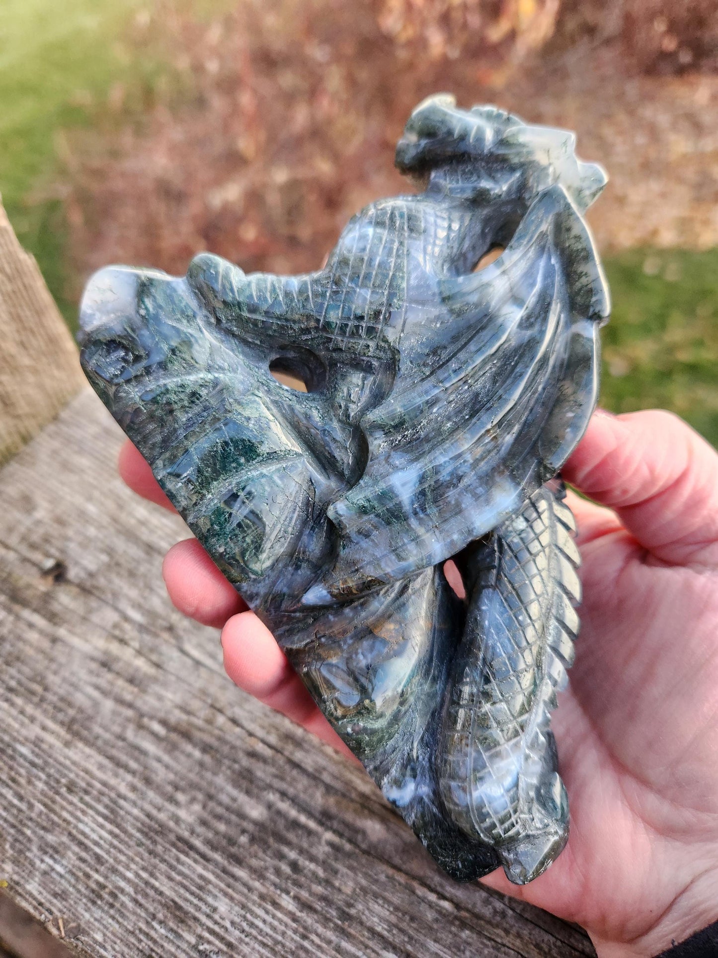 AAA Natural Moss Agate Crystal Carved Full Body Dragon, DND