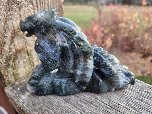 AAA Natural Moss Agate Crystal Carved Full Body Dragon, DND