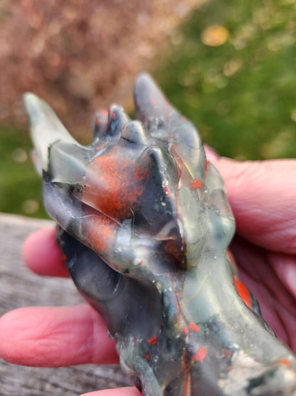 High Polished African Bloodstone Jasper Carved Dragon Head Crystal Stone, DnD, Fire Dragon