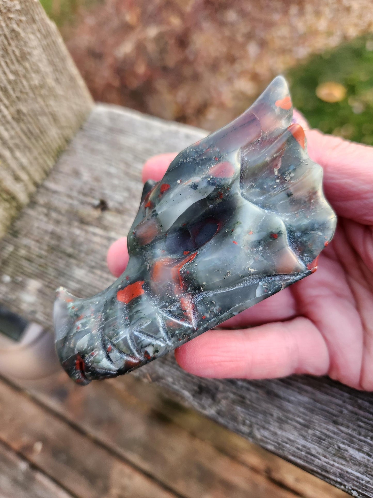 High Polished African Bloodstone Jasper Carved Dragon Head Crystal Stone, DnD, Fire Dragon