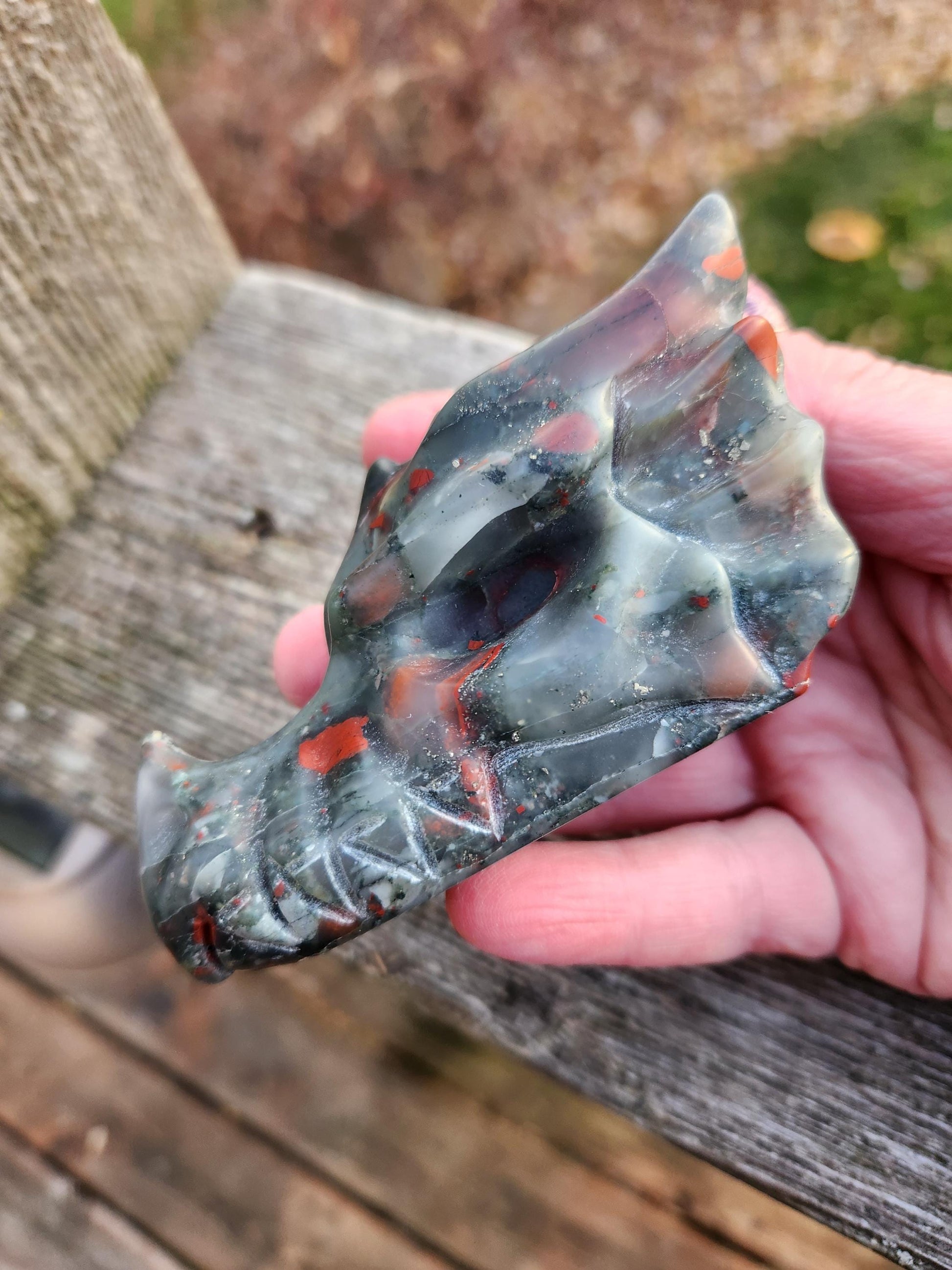 High Polished African Bloodstone Jasper Carved Dragon Head Crystal Stone, DnD, Fire Dragon