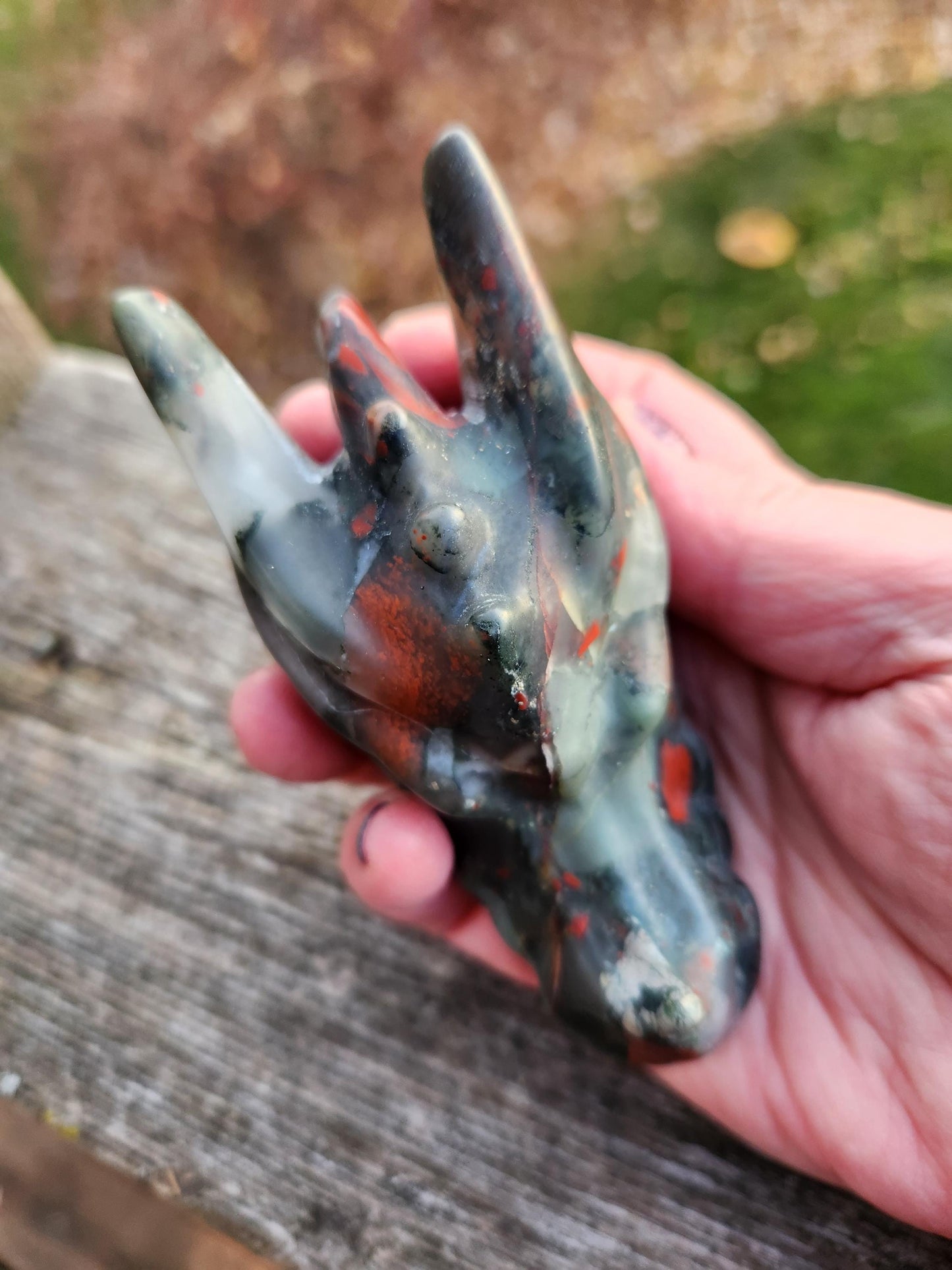 High Polished African Bloodstone Jasper Carved Dragon Head Crystal Stone, DnD, Fire Dragon