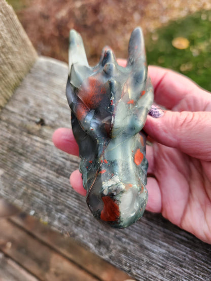 High Polished African Bloodstone Jasper Carved Dragon Head Crystal Stone, DnD, Fire Dragon