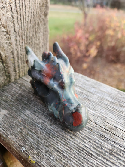 High Polished African Bloodstone Jasper Carved Dragon Head Crystal Stone, DnD, Fire Dragon