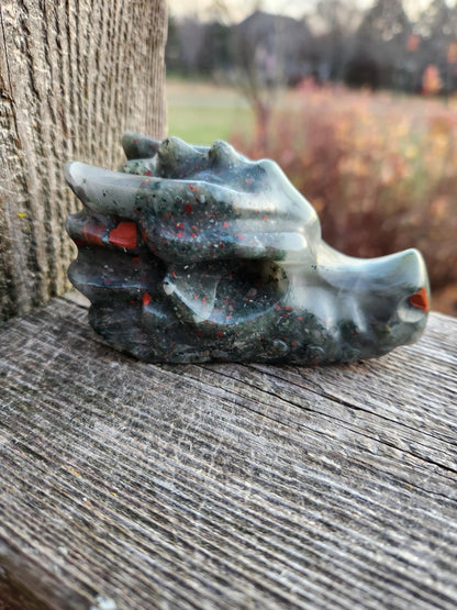 High Polished African Bloodstone Jasper Carved Dragon Head Crystal Stone, DnD