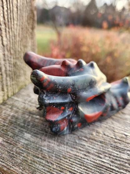 High Polished African Bloodstone Jasper Carved Dragon Head Crystal Stone, DnD