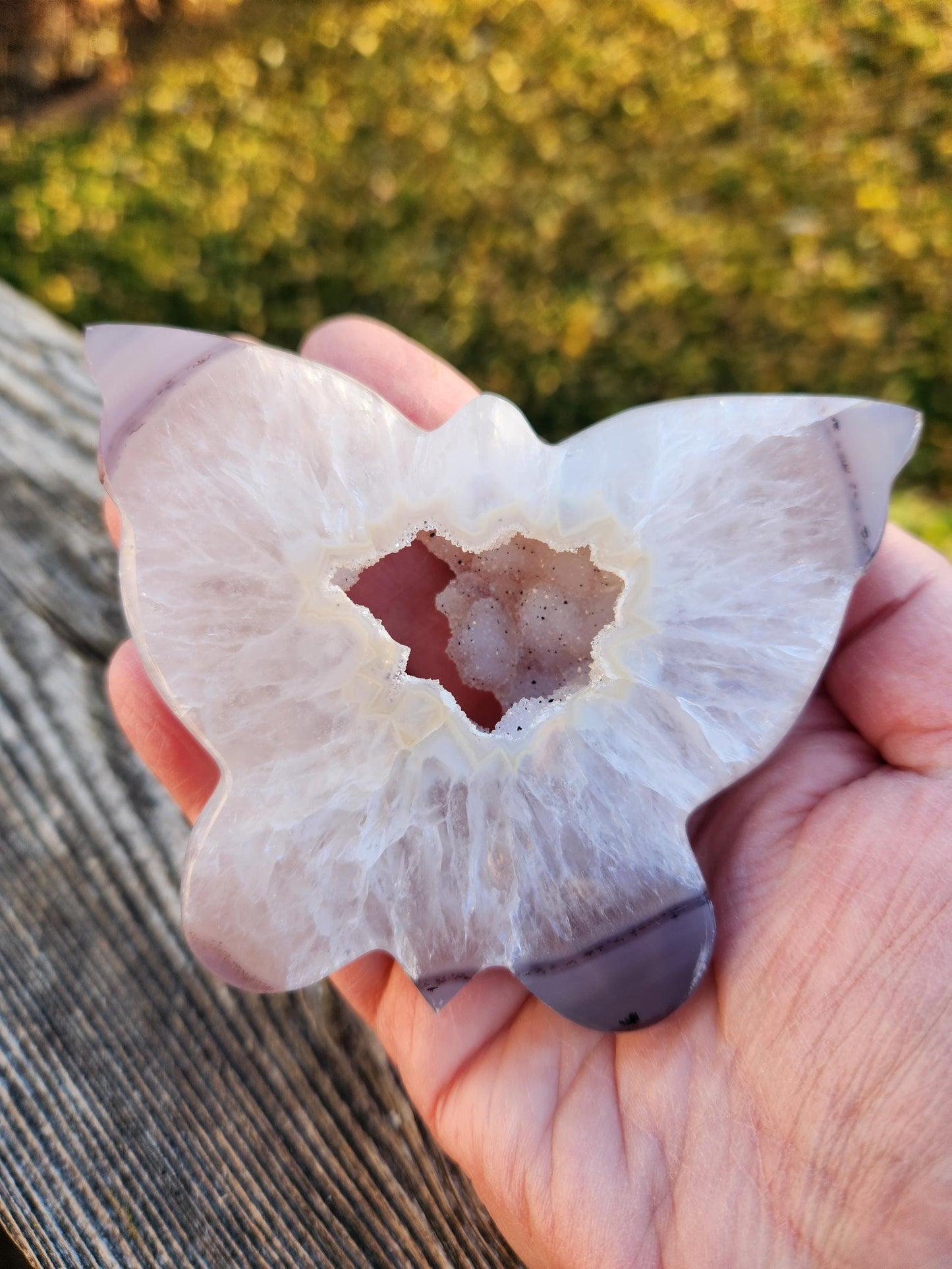 Stunningly Beautiful White and Purple Tipped Druzy Thick Slab Cut Agate Butterfly with black metal stand, Portal, Rainbows!
