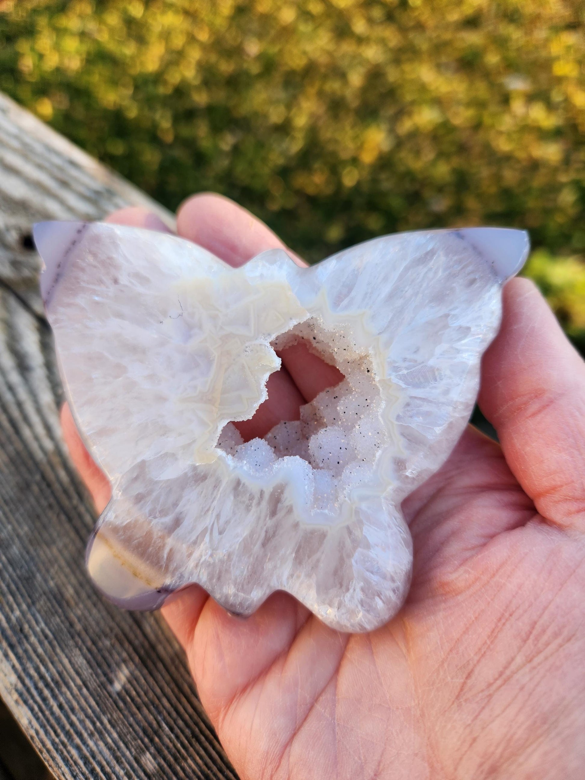 Stunningly Beautiful White and Purple Tipped Druzy Thick Slab Cut Agate Butterfly with black metal stand, Portal, Rainbows!