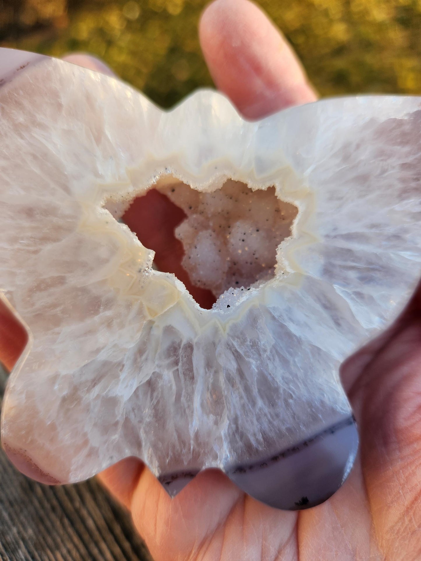 Stunningly Beautiful White and Purple Tipped Druzy Thick Slab Cut Agate Butterfly with black metal stand, Portal, Rainbows!