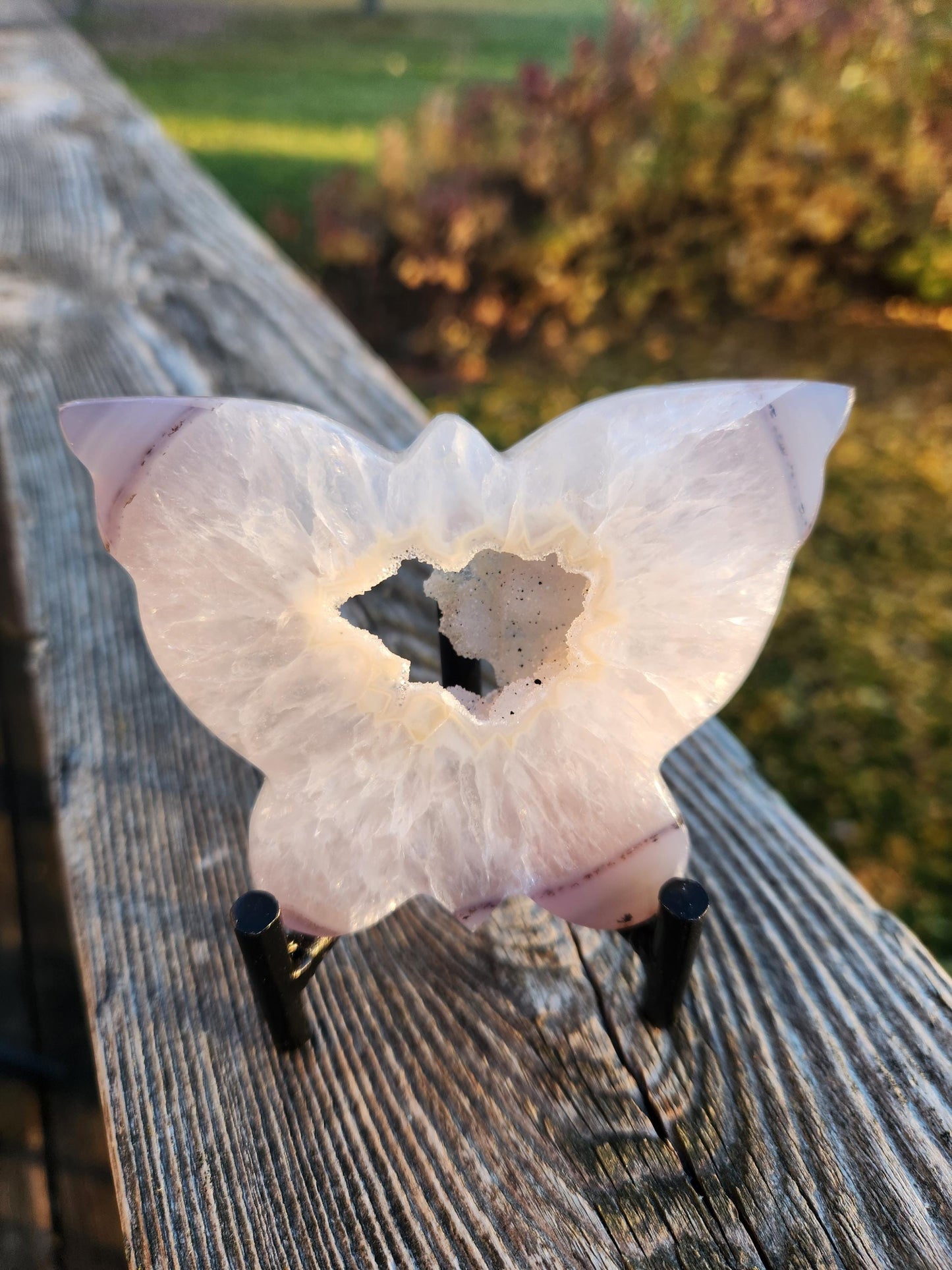 Stunningly Beautiful White and Purple Tipped Druzy Thick Slab Cut Agate Butterfly with black metal stand, Portal, Rainbows!