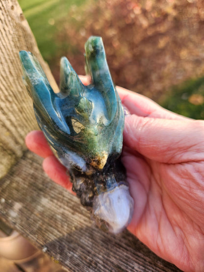 Juicy AAA Natural Moss Agate Crystal Carved Dragon Head ,DND