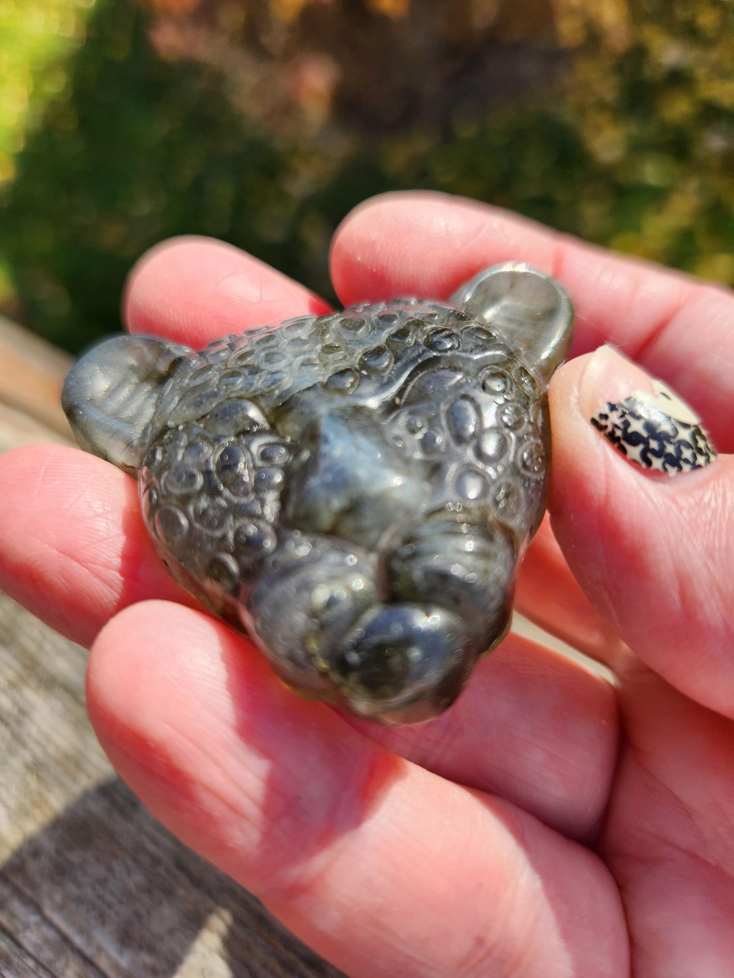 Very Unique Labradorite Leopard Head Carved Crystal with blue flash, Palm Sized