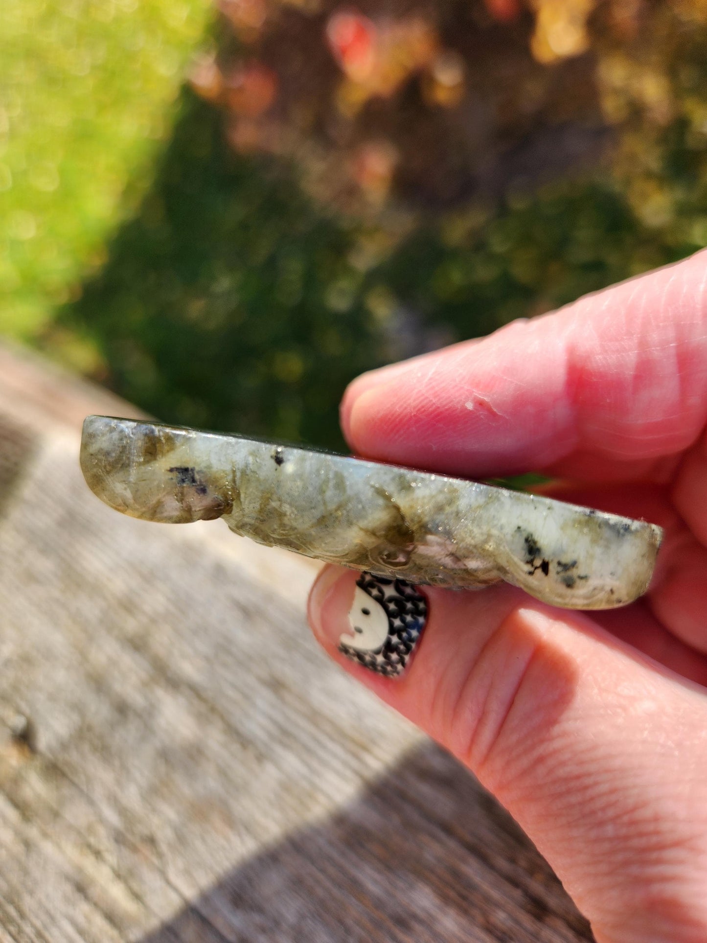 Very Unique Labradorite Leopard Head Carved Crystal with blue flash, Palm Sized