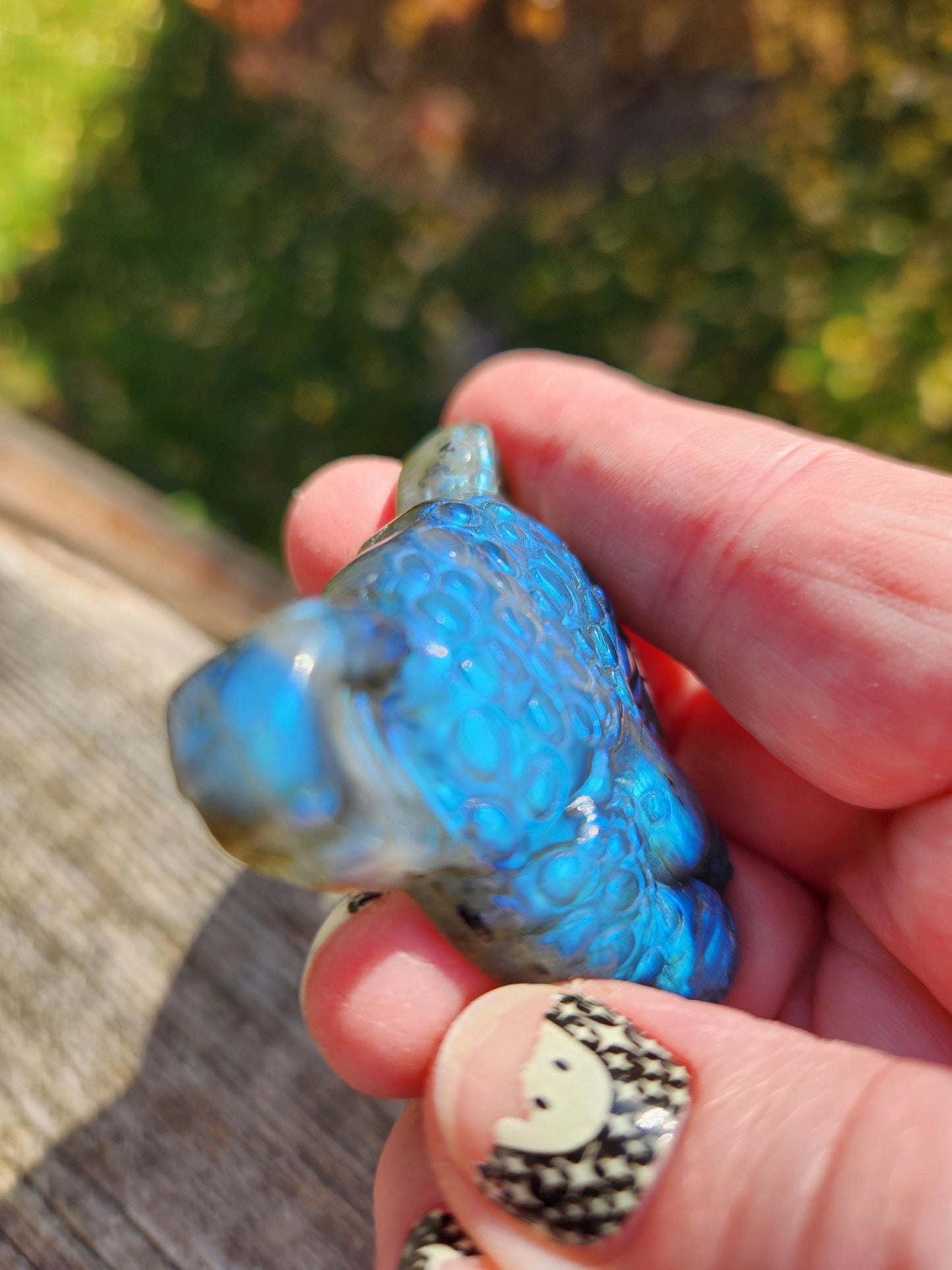 Very Unique Labradorite Leopard Head Carved Crystal with blue flash, Palm Sized