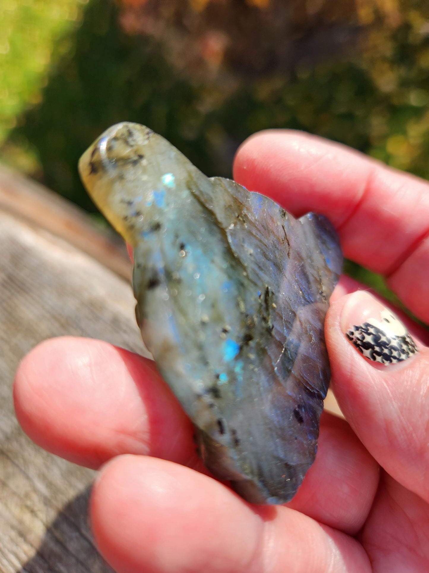 Very Unique Labradorite Leopard Head Carved Crystal with blue flash, Palm Sized