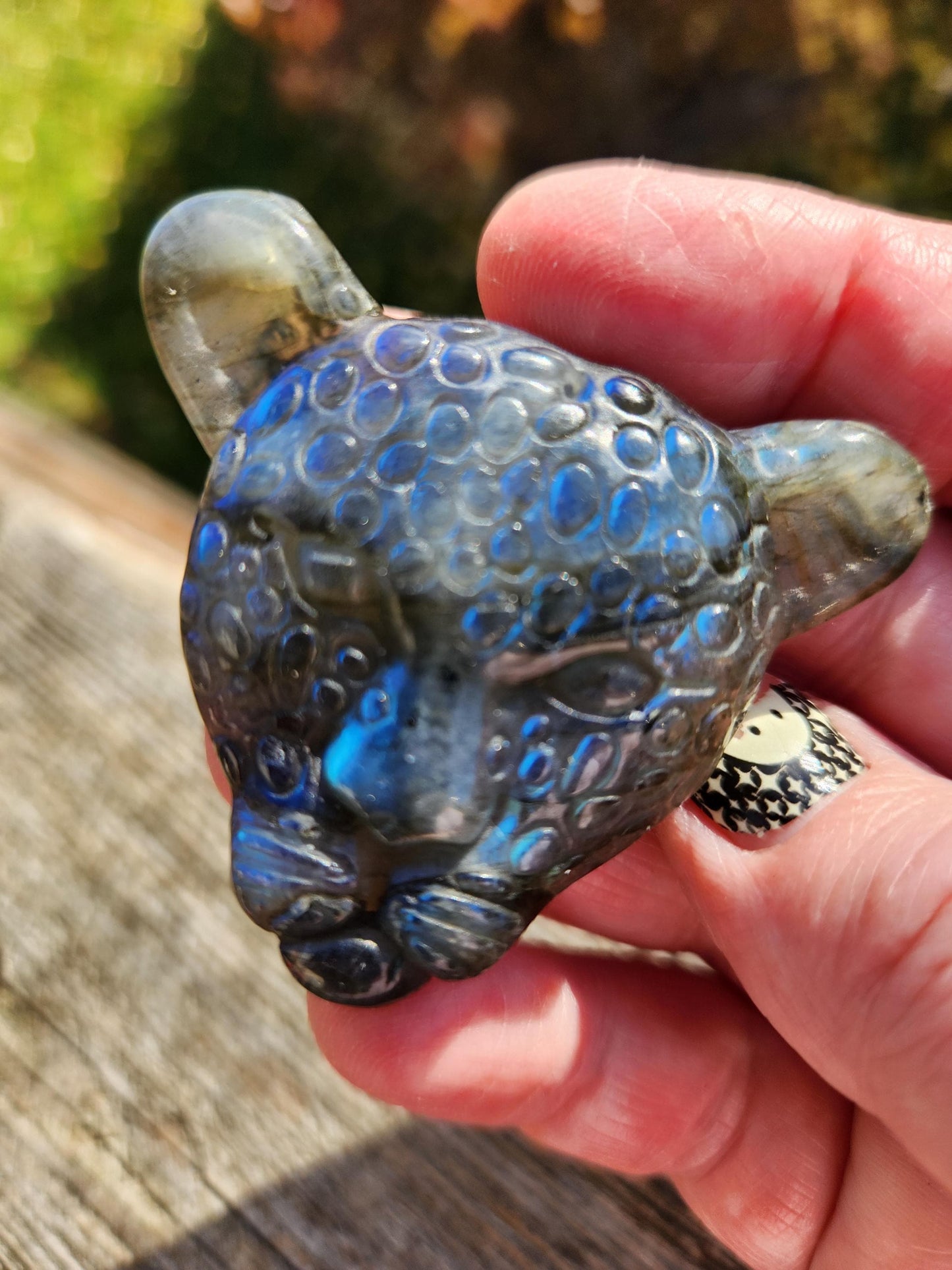 Very Unique Labradorite Leopard Head Carved Crystal with blue flash, Palm Sized