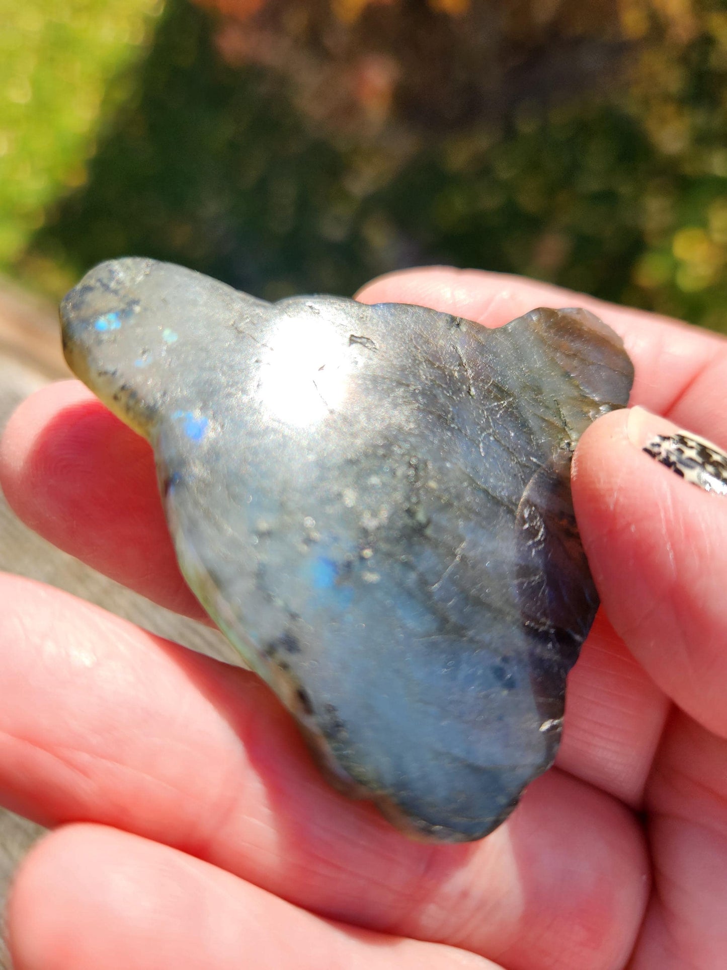 Very Unique Labradorite Leopard Head Carved Crystal with blue flash, Palm Sized
