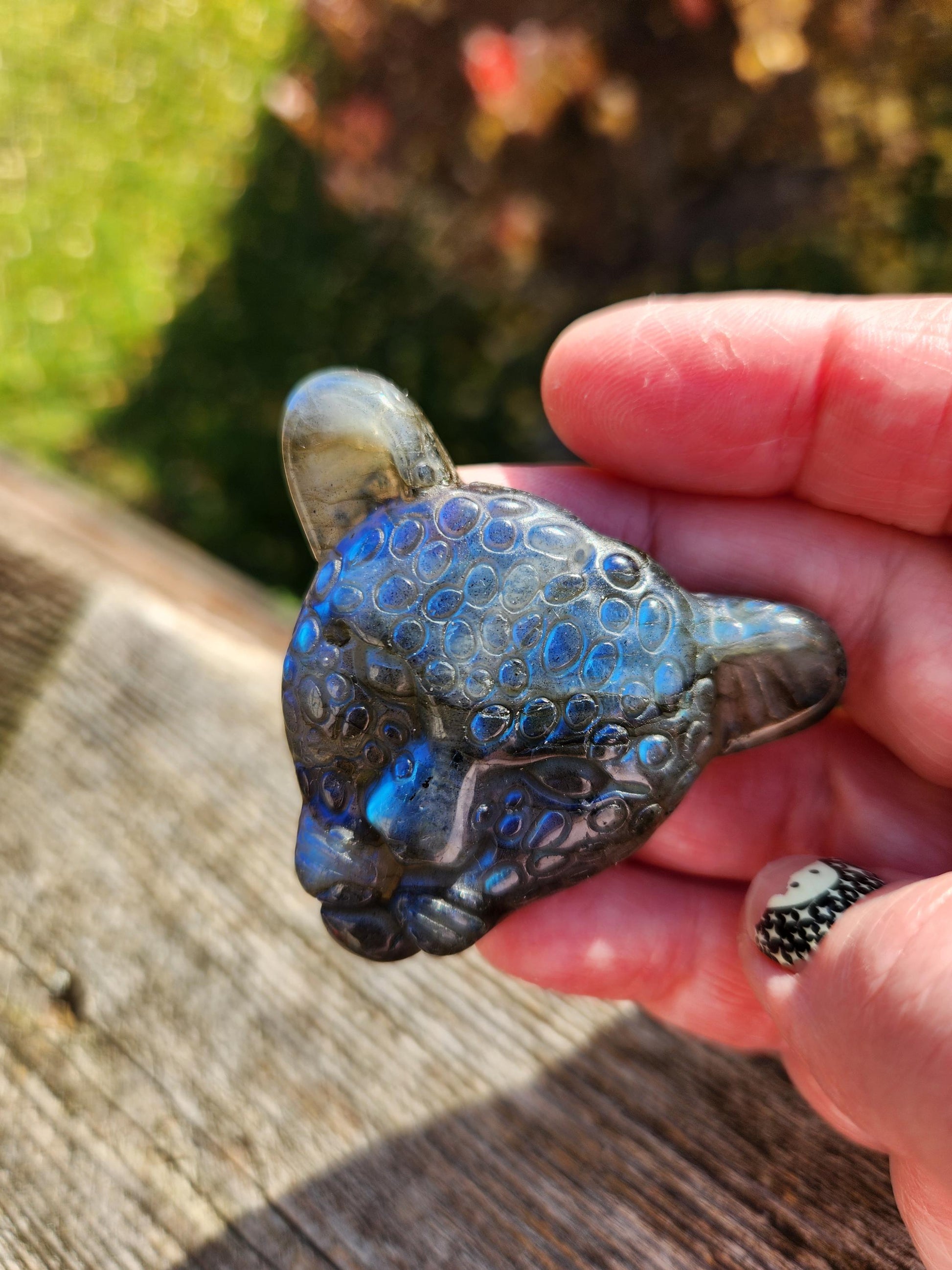 Very Unique Labradorite Leopard Head Carved Crystal with blue flash, Palm Sized