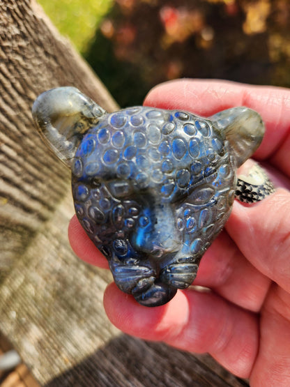 Very Unique Labradorite Leopard Head Carved Crystal with blue flash, Palm Sized