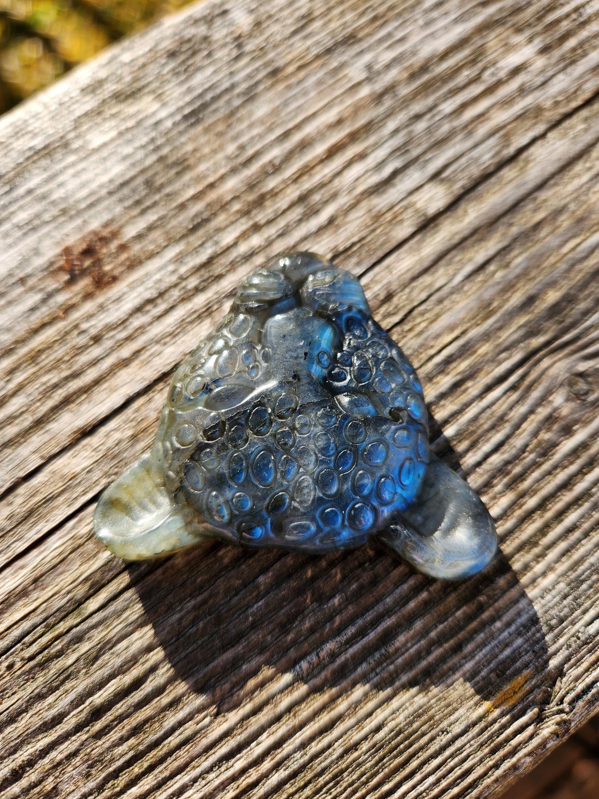 Very Unique Labradorite Leopard Head Carved Crystal with blue flash, Palm Sized