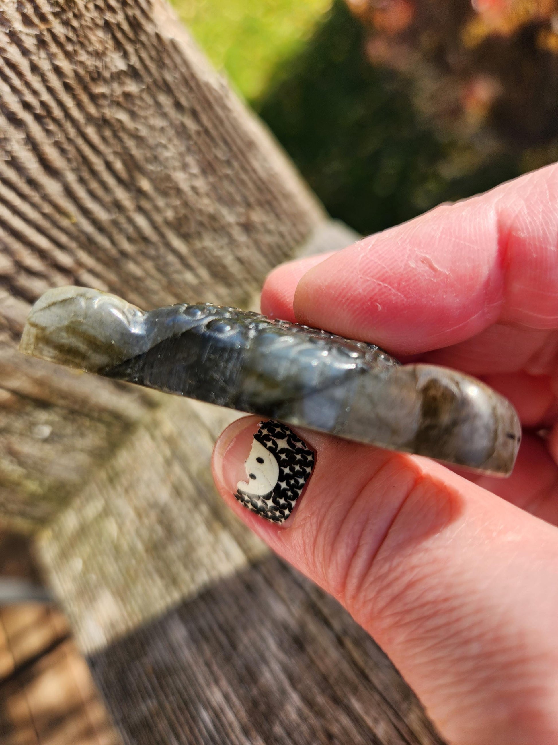 Very Unique Labradorite Leopard Head Carved Crystal with flash, Palm Sized