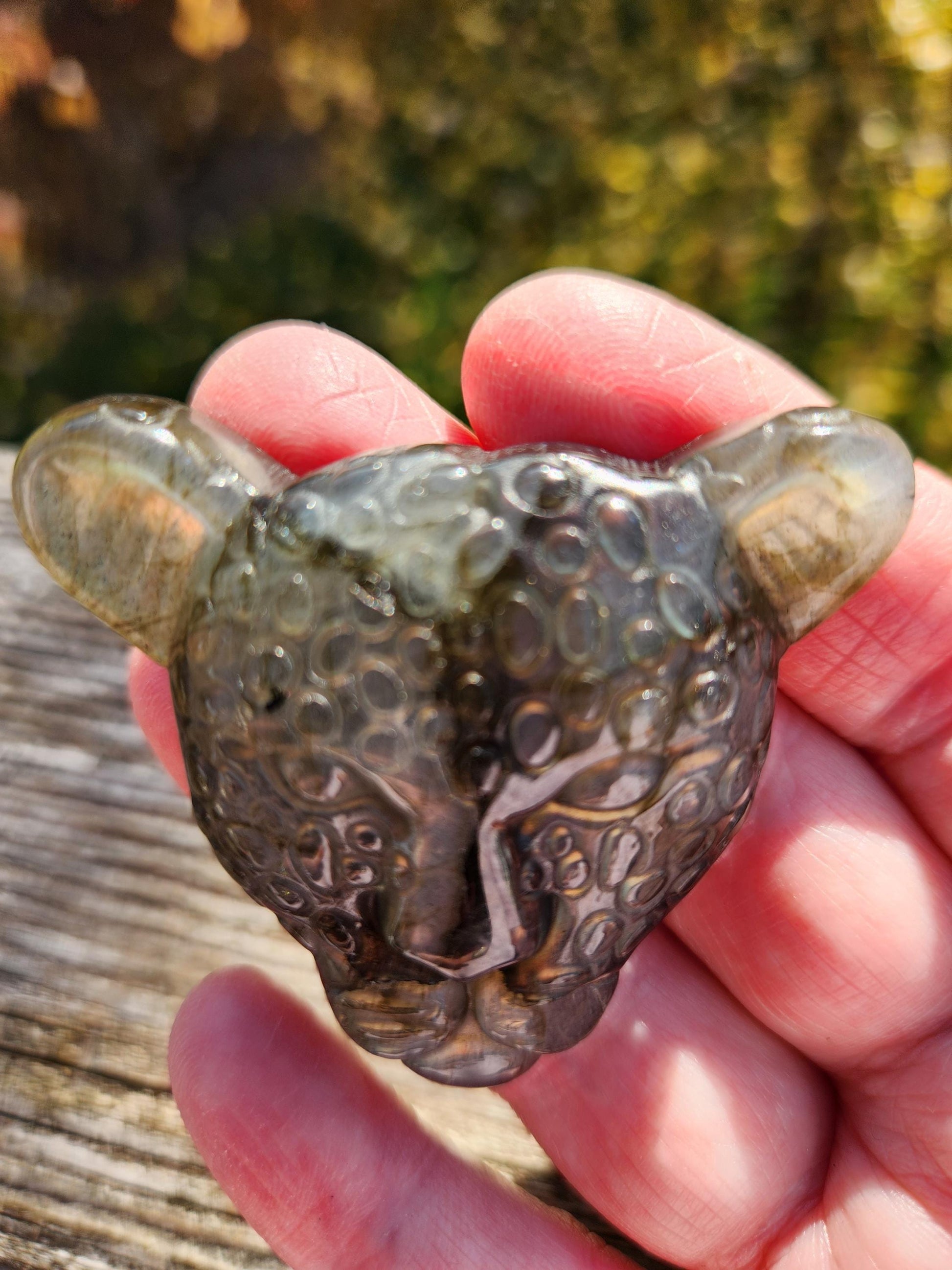 Very Unique Labradorite Leopard Head Carved Crystal with flash, Palm Sized