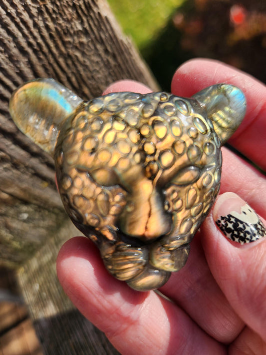 Very Unique Labradorite Leopard Head Carved Crystal with flash, Palm Sized