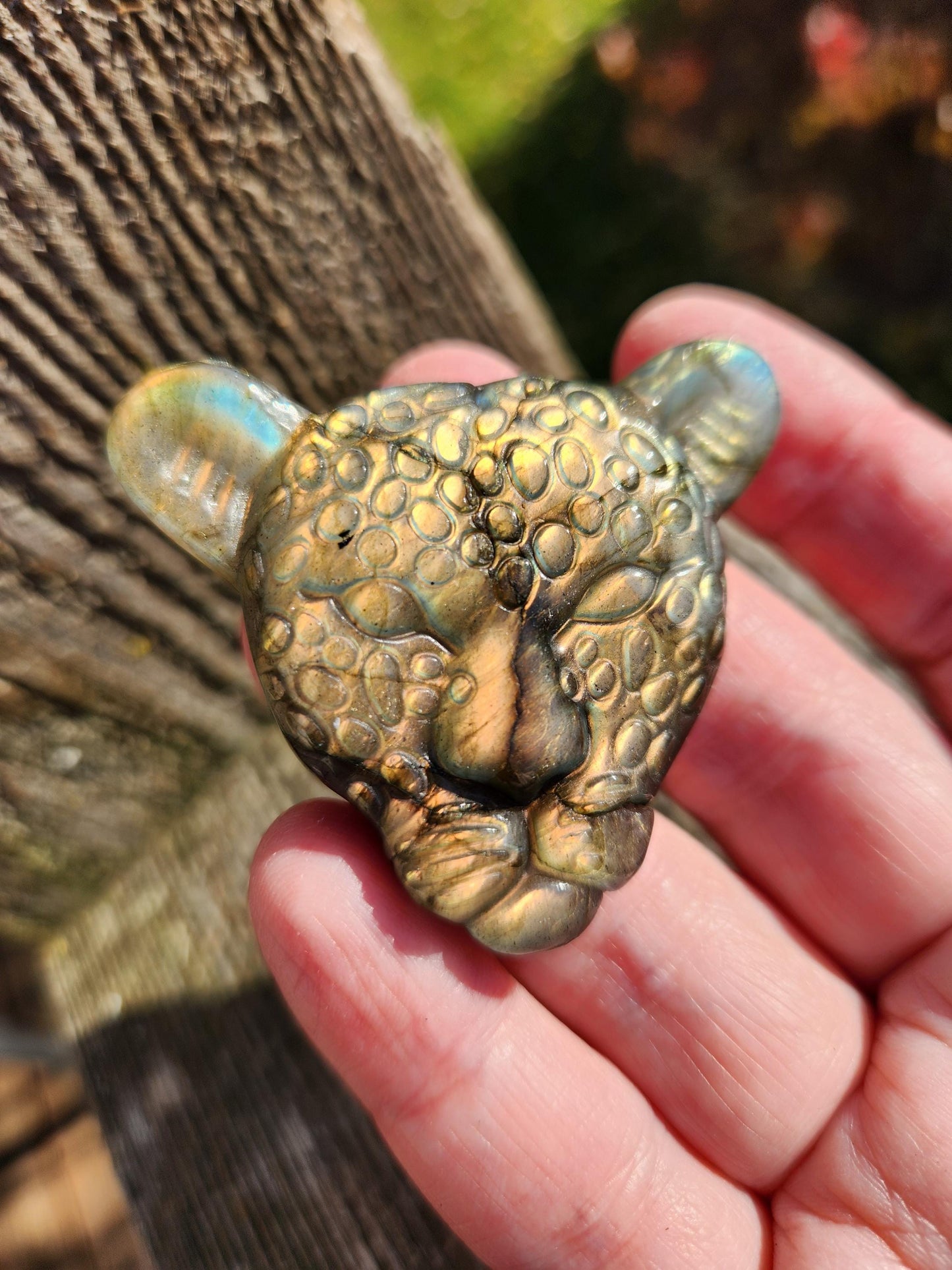 Very Unique Labradorite Leopard Head Carved Crystal with flash, Palm Sized