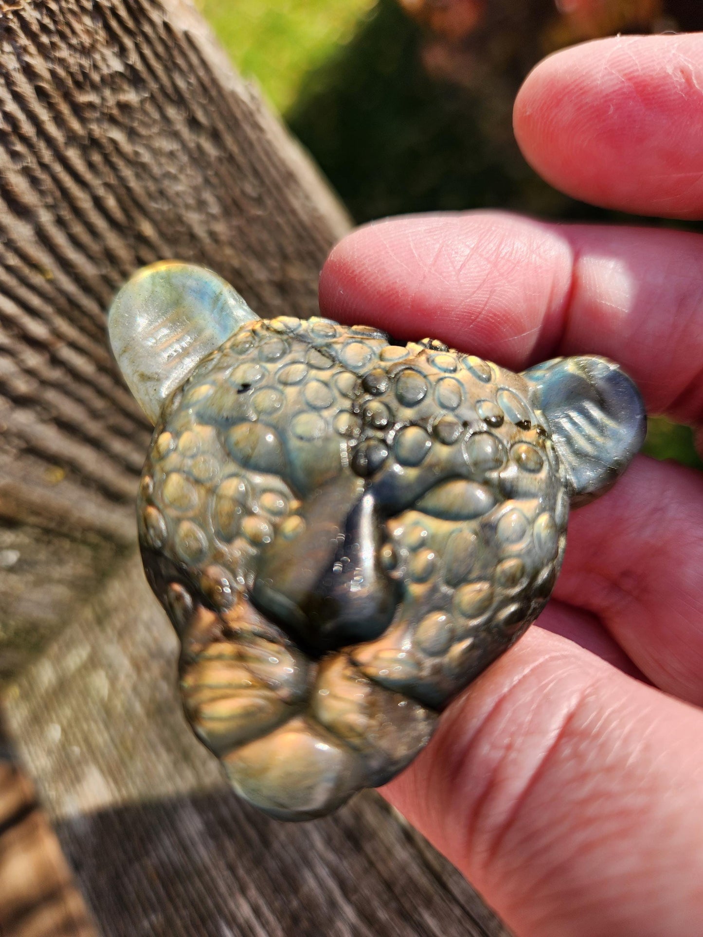 Very Unique Labradorite Leopard Head Carved Crystal with flash, Palm Sized