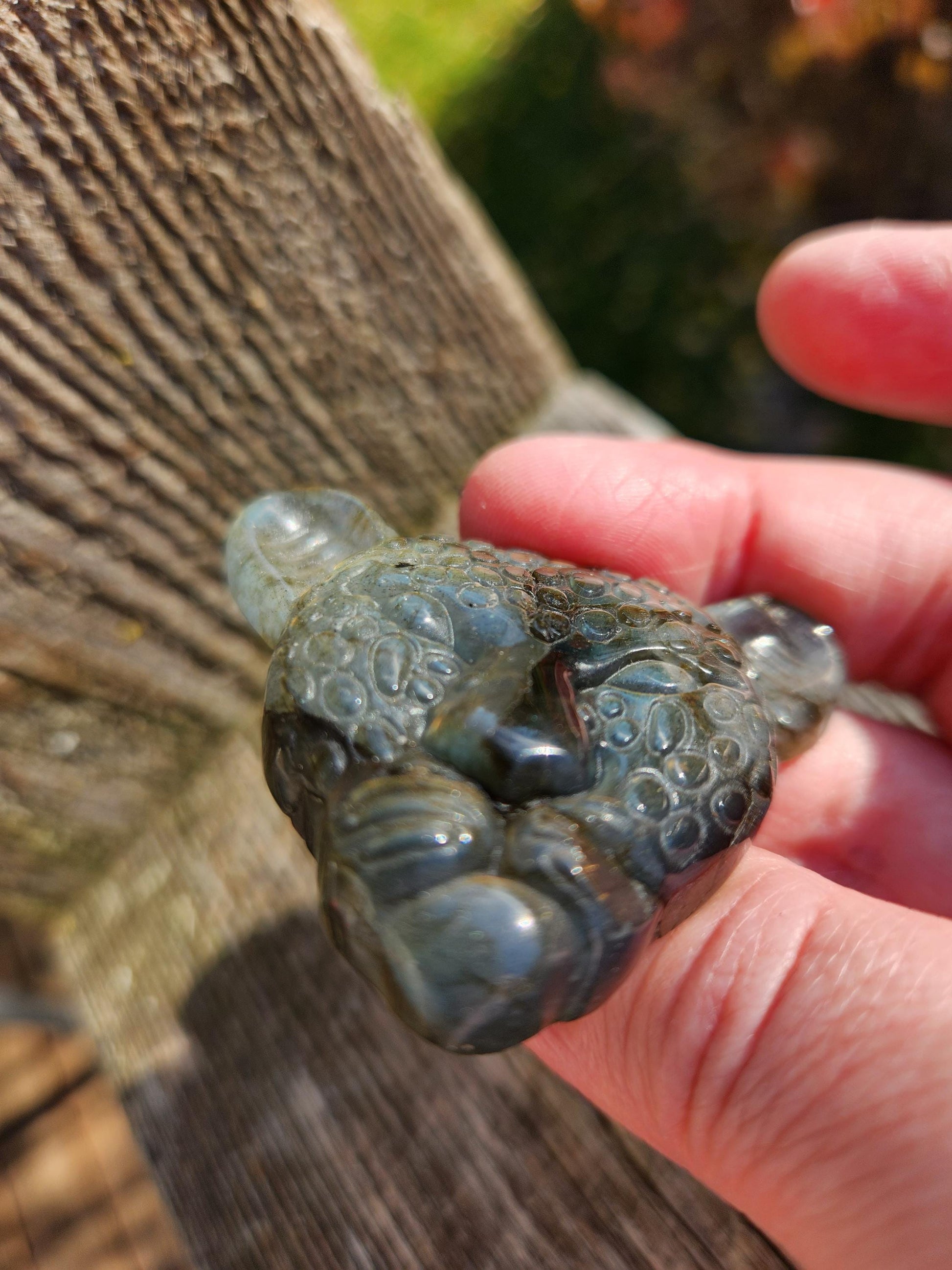 Very Unique Labradorite Leopard Head Carved Crystal with flash, Palm Sized