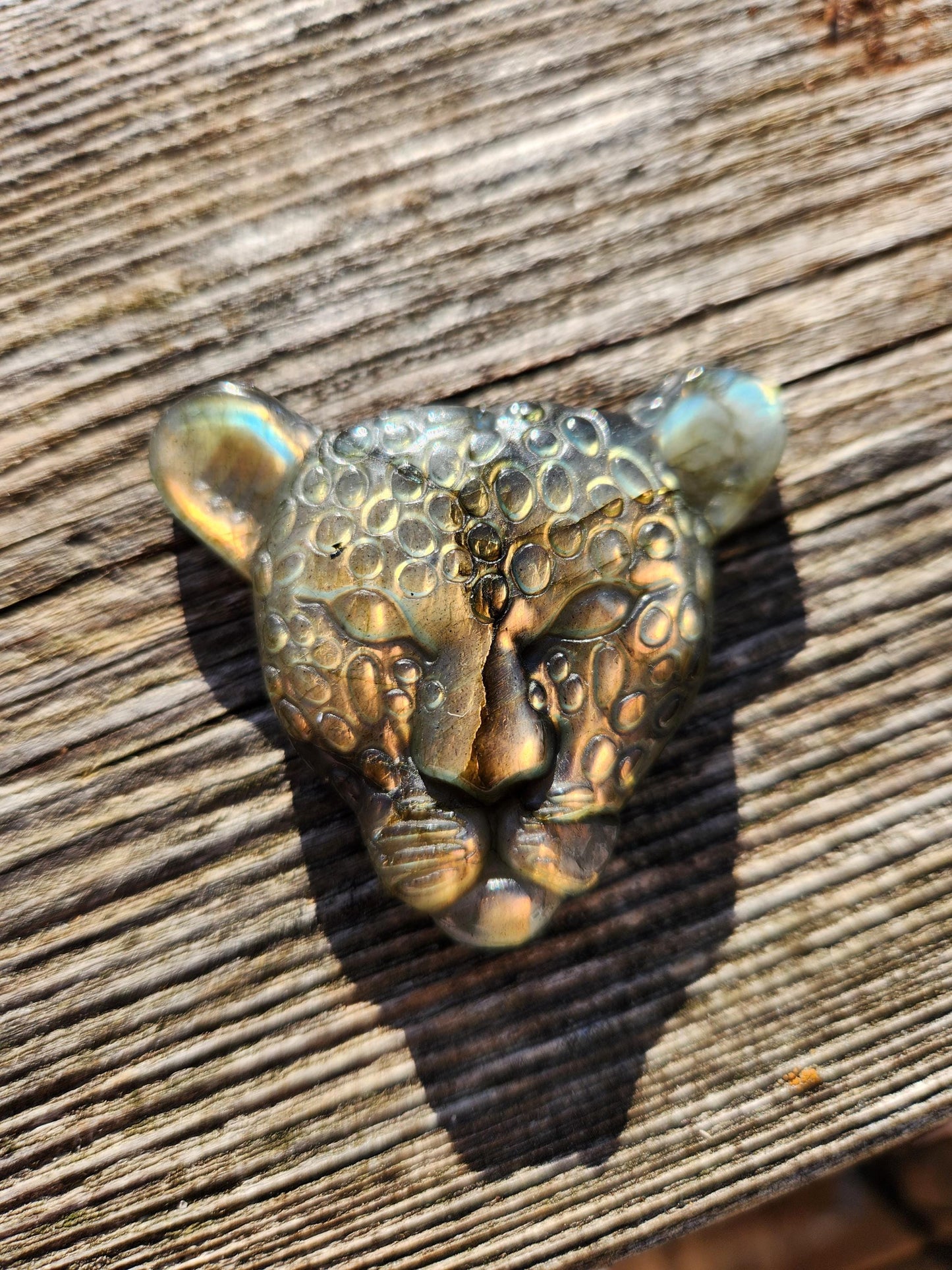 Very Unique Labradorite Leopard Head Carved Crystal with flash, Palm Sized
