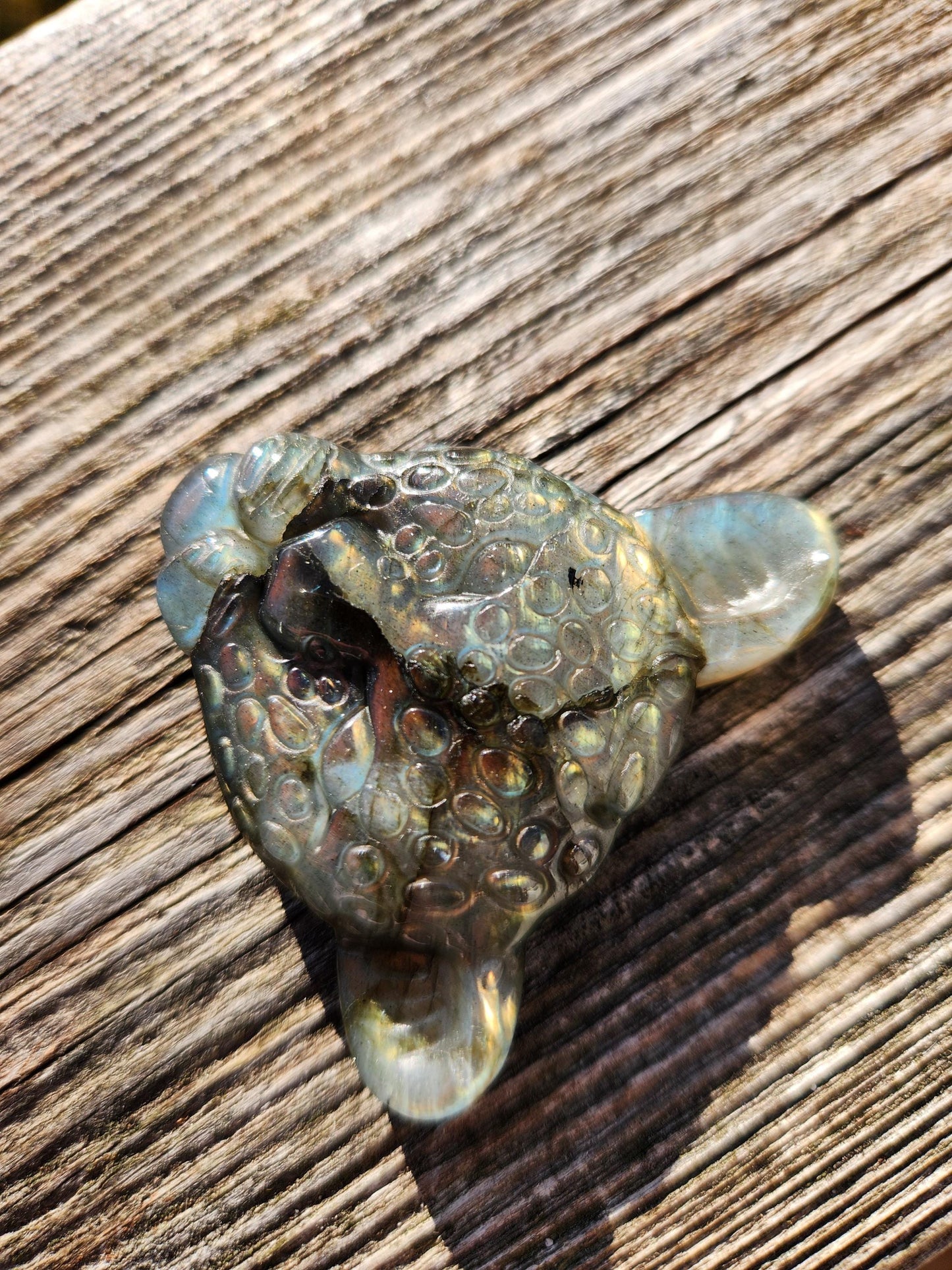 Very Unique Labradorite Leopard Head Carved Crystal with flash, Palm Sized