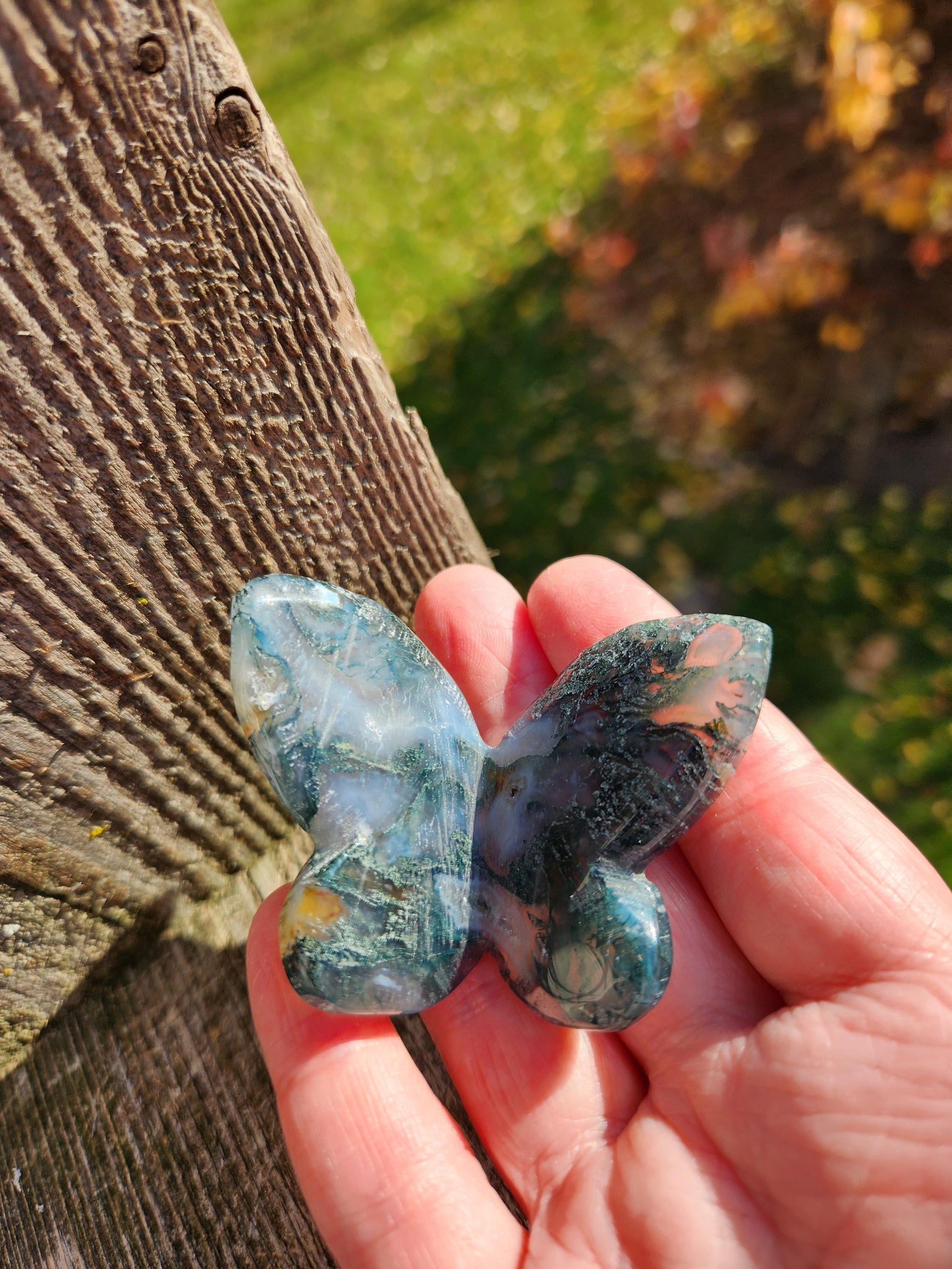Moss Agate Carved Crystal Butterfly Self-Standing
