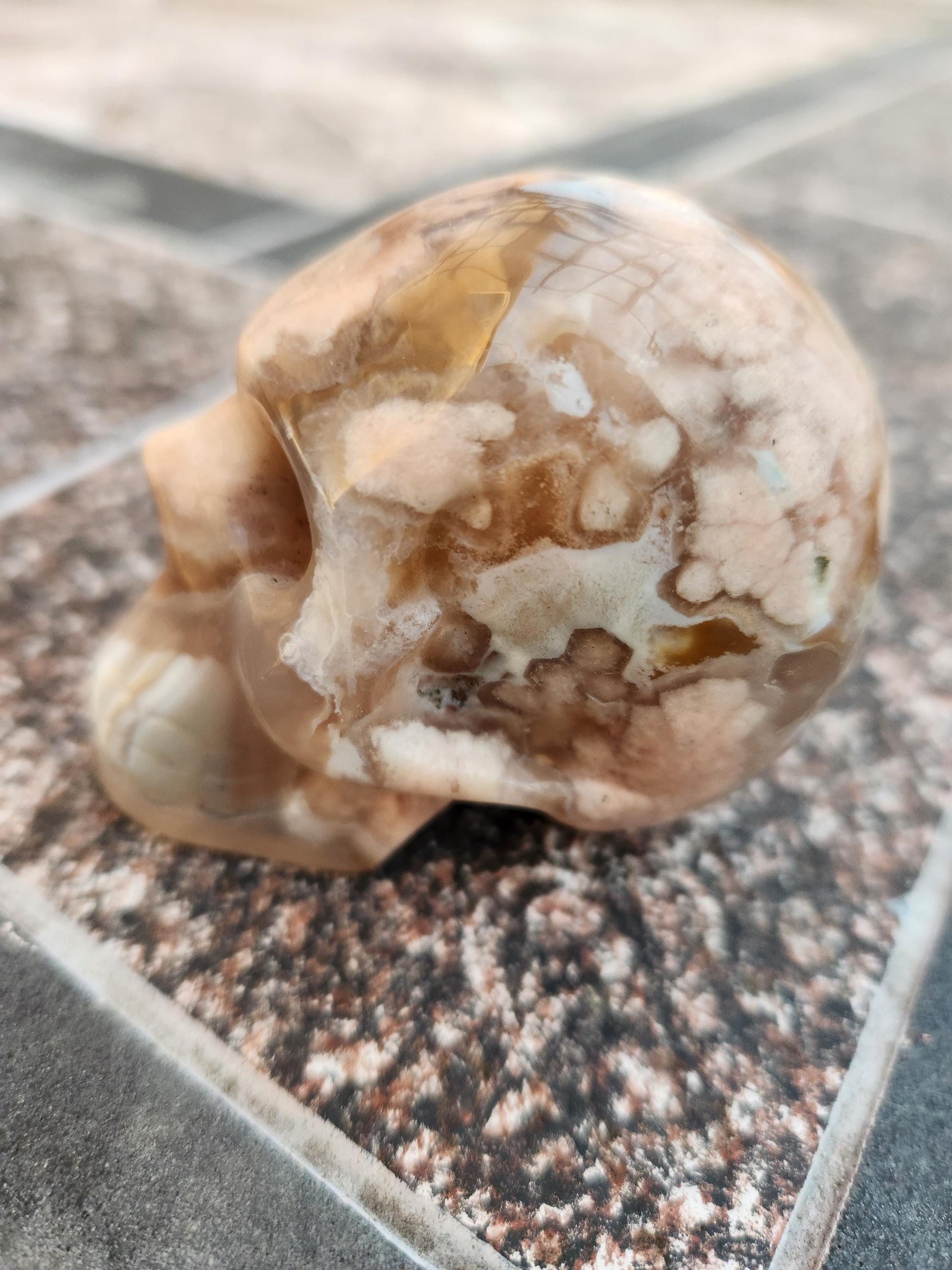 Flower Agate Crystal Skull: Long Face Carving, Baraka, 2.4"