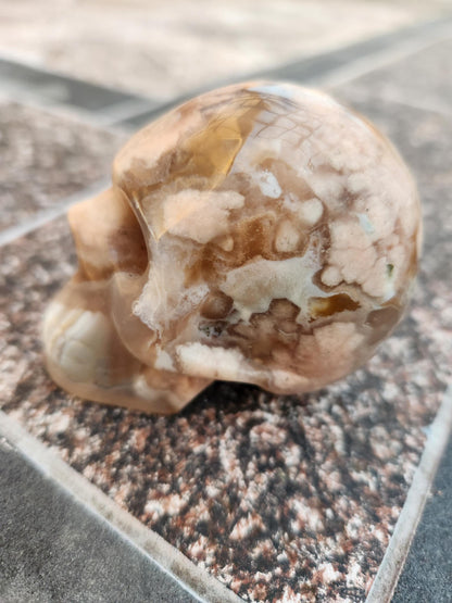 Flower Agate Crystal Skull: Long Face Carving, Baraka, 2.4"