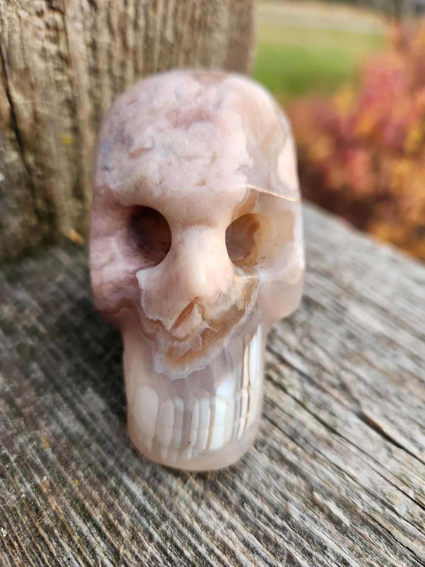 Flower Agate Crystal Skull: Long Face Carving, Baraka, 2.4"
