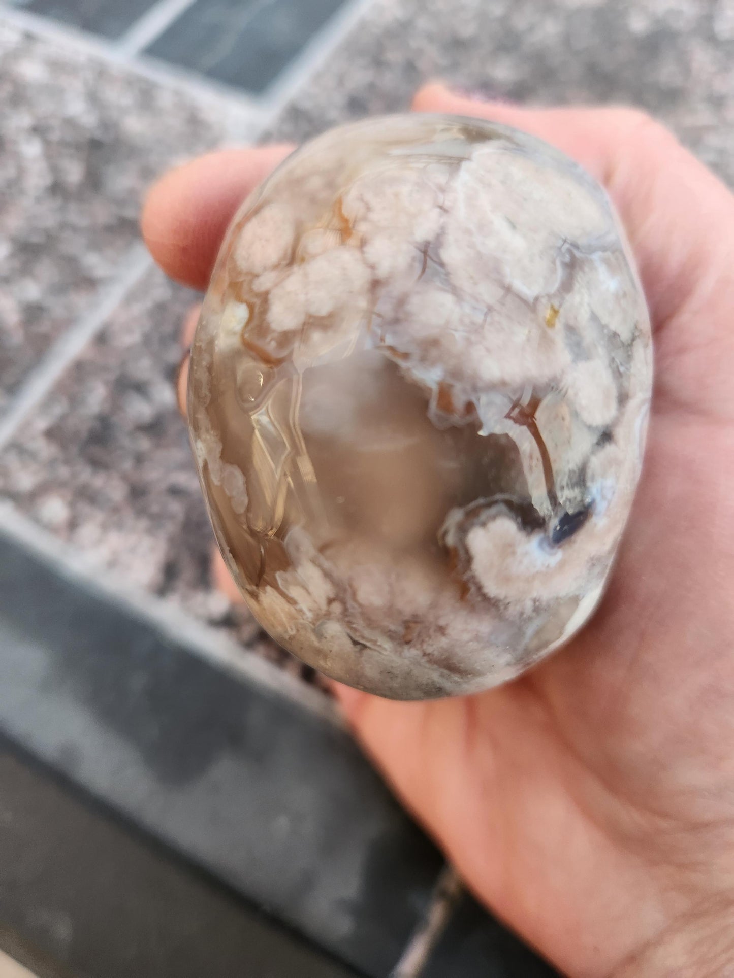 Flower Agate Crystal Skull: Long Face Carving, Baraka, 2.4"