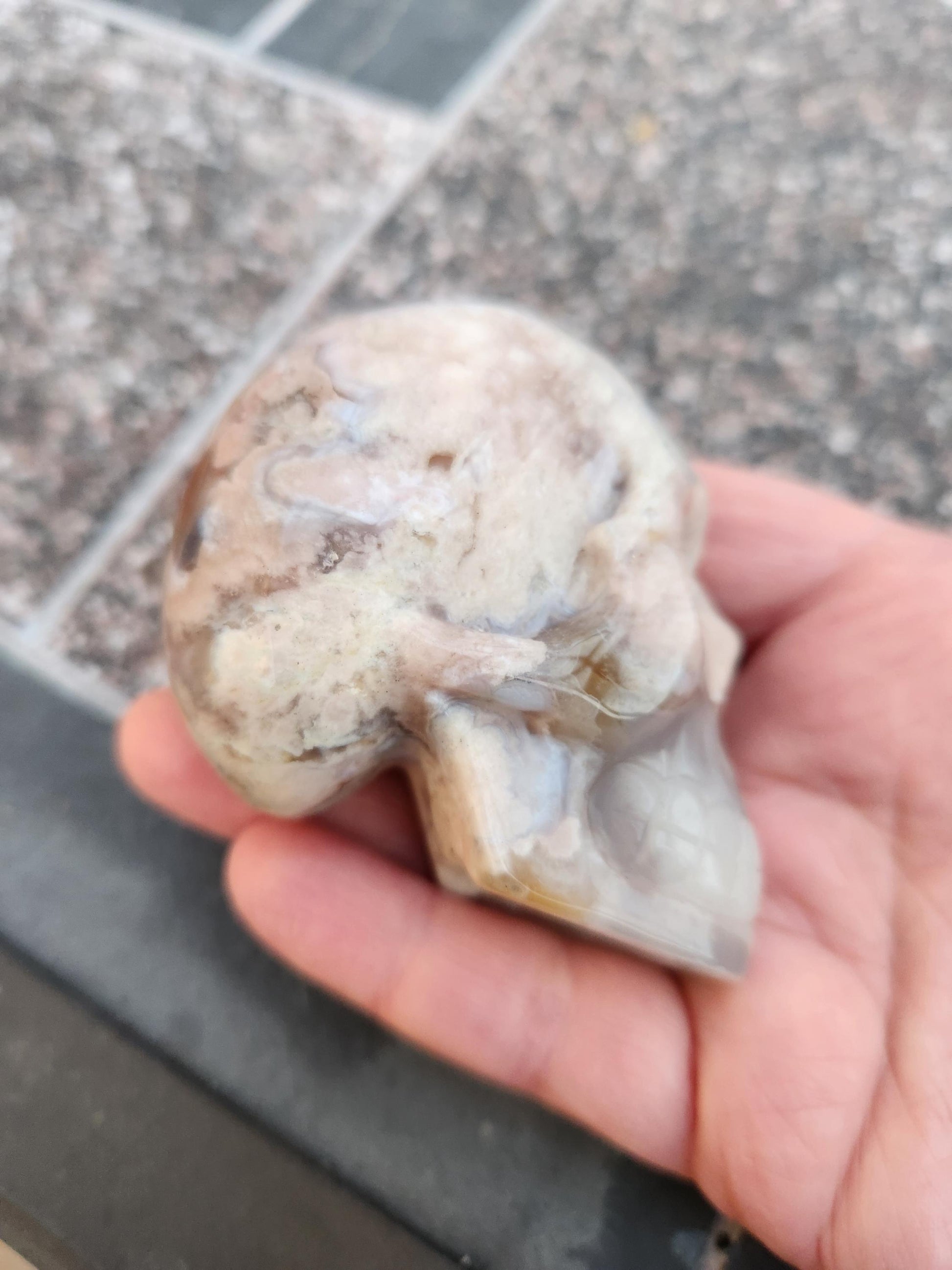 Flower Agate Crystal Skull: Long Face Carving, Baraka, 2.4"