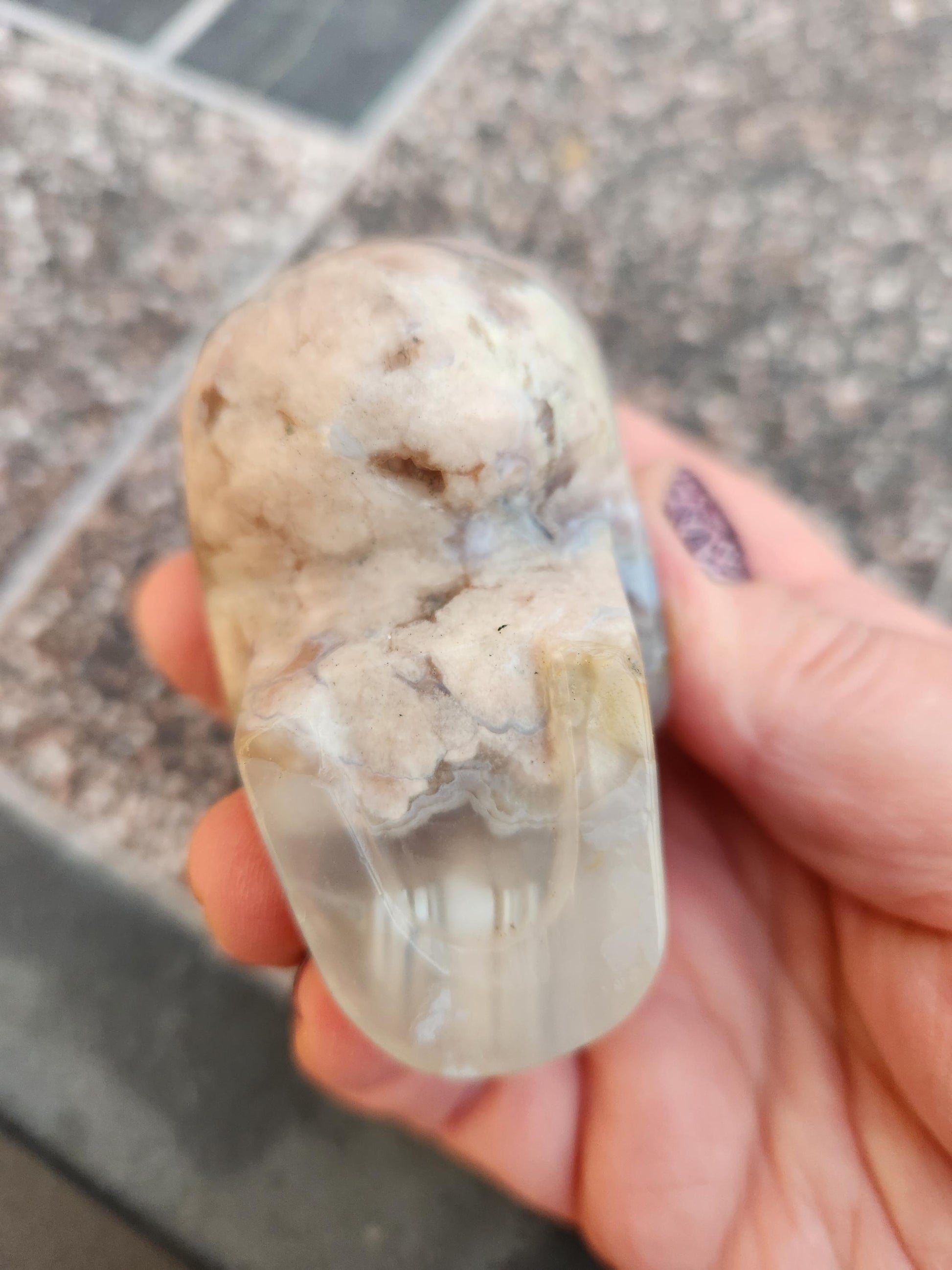 Flower Agate Crystal Skull: Long Face Carving, Baraka, 2.4"