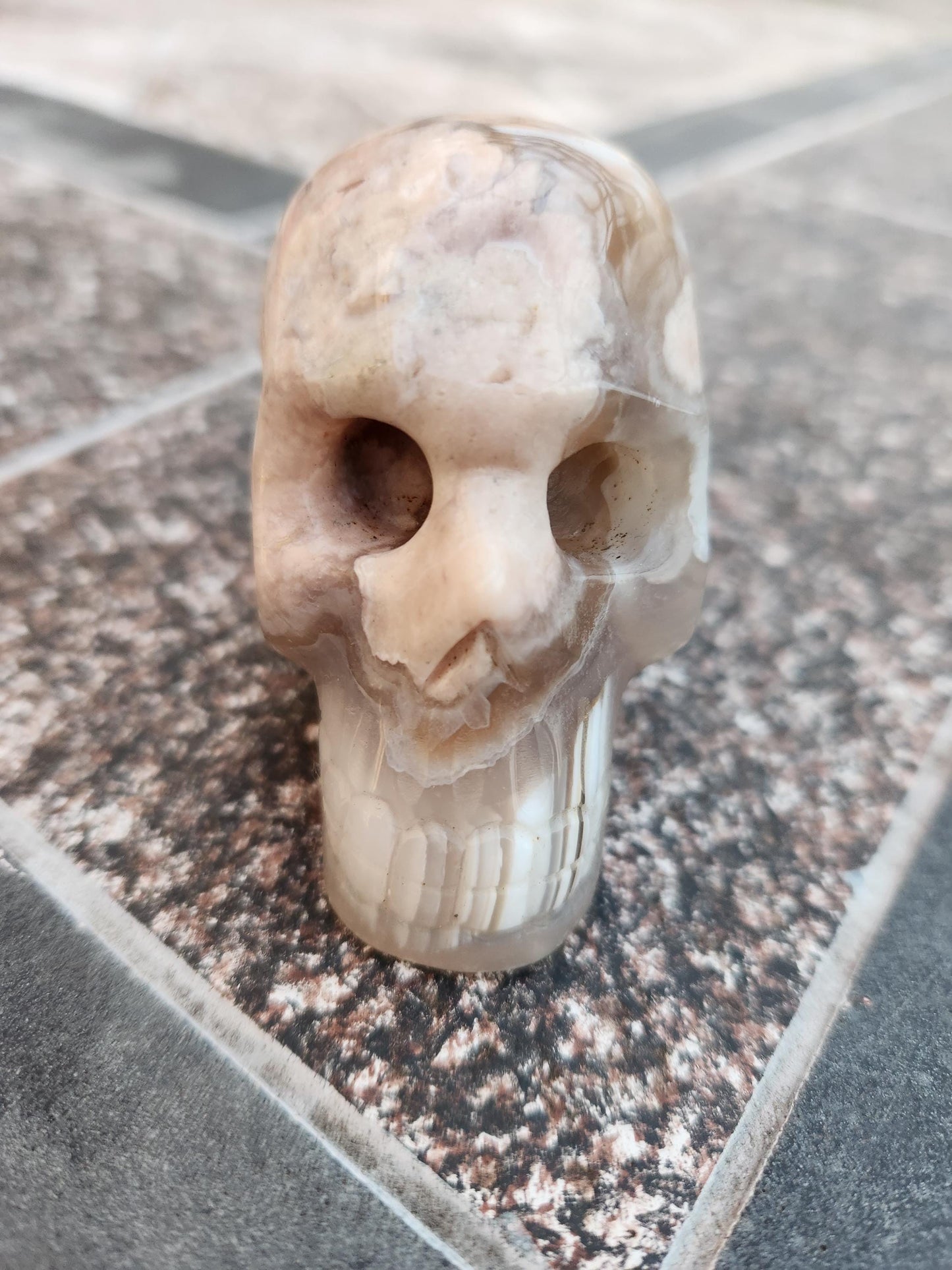 Flower Agate Crystal Skull: Long Face Carving, Baraka, 2.4"