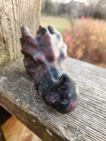 Garnet with Fireworks or Arfvedsonite Crystal Dragon Head Carving - DnD, Decor