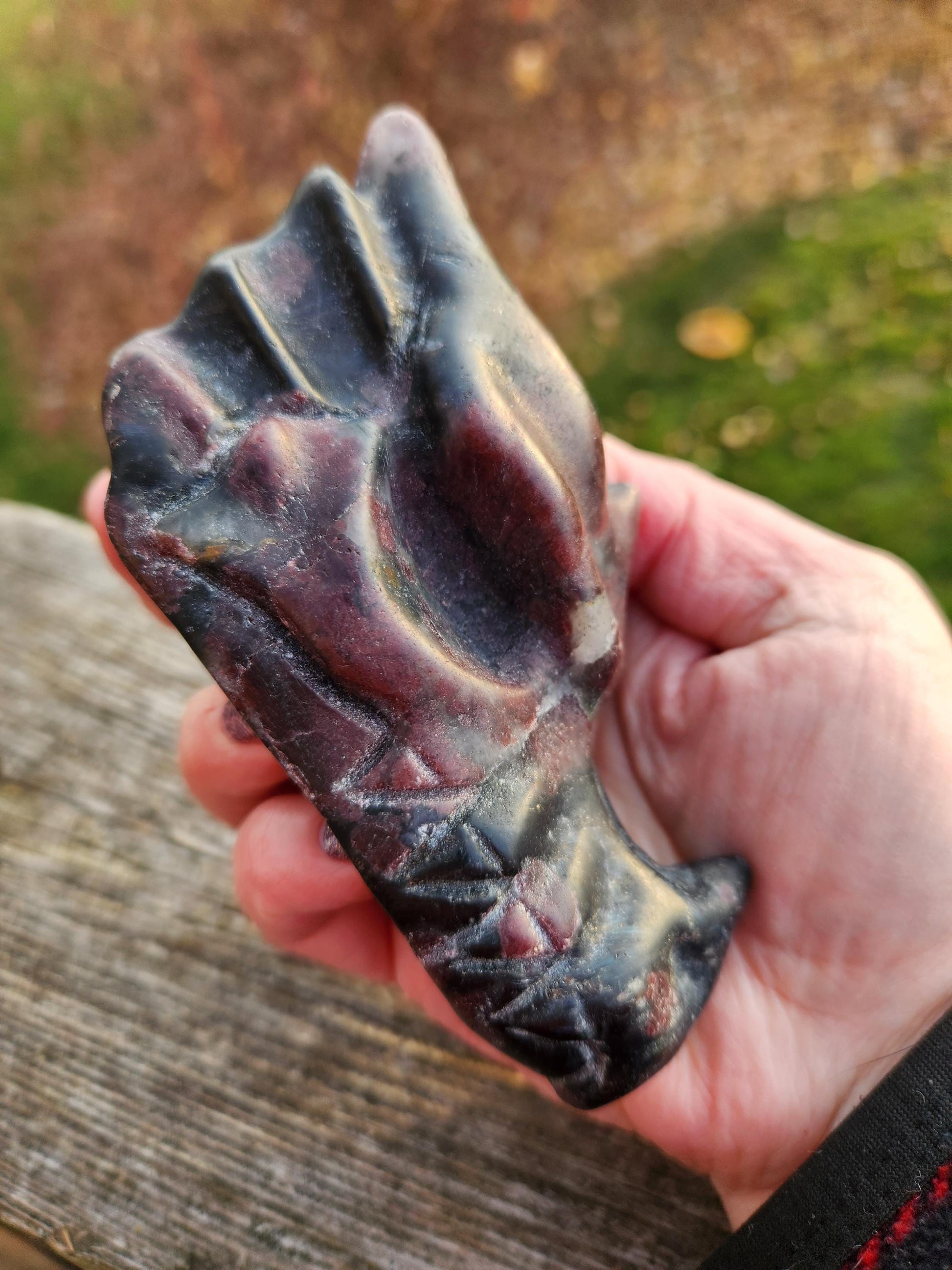 Garnet with Fireworks or Arfvedsonite Crystal Dragon Head Carving - DnD, Decor