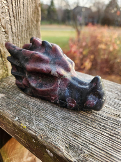 Garnet with Fireworks or Arfvedsonite Crystal Dragon Head Carving - DnD, Decor