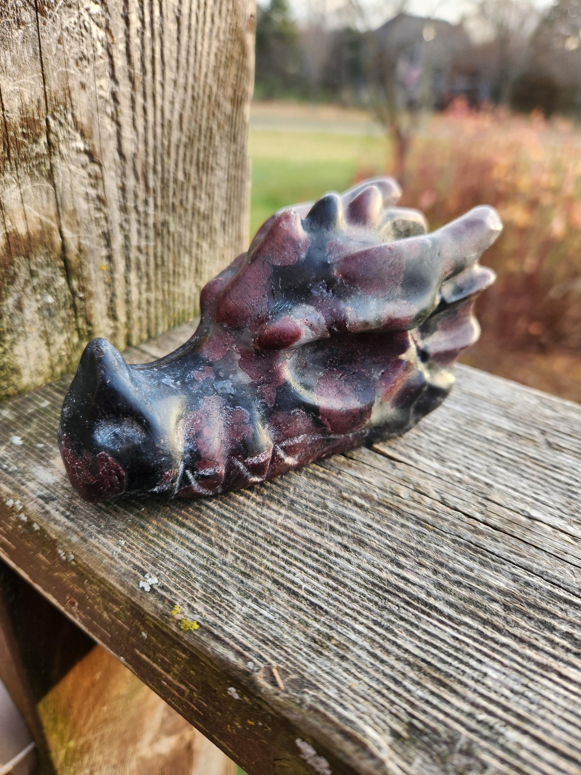 Garnet with Fireworks or Arfvedsonite Crystal Dragon Head Carving - DnD, Decor