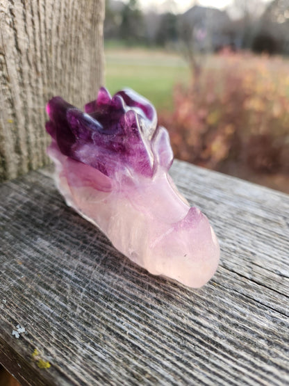 Natural Purple and White Fluorite Crystal Carved Dragon Head, DnD