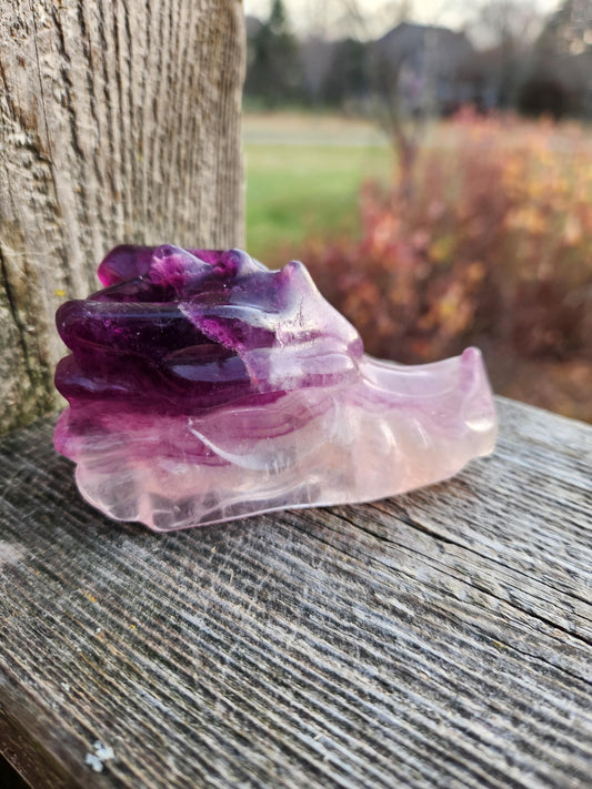 Natural Purple and White Fluorite Crystal Carved Dragon Head, DnD
